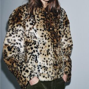 Zara Leopard Print Faux Fur Jacket